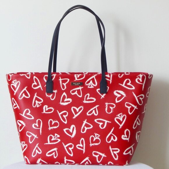 Kate Spade Margareta Shore Street Lipstick Hearts Large Top Zip Tote Bag Red NWT - Picture 1 of 10
